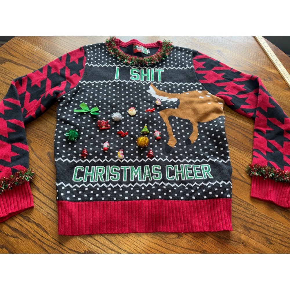 Spencers Workshop I Shit Christmas Cheer Ugly Sweater Reindeer Tinsel Mens Med